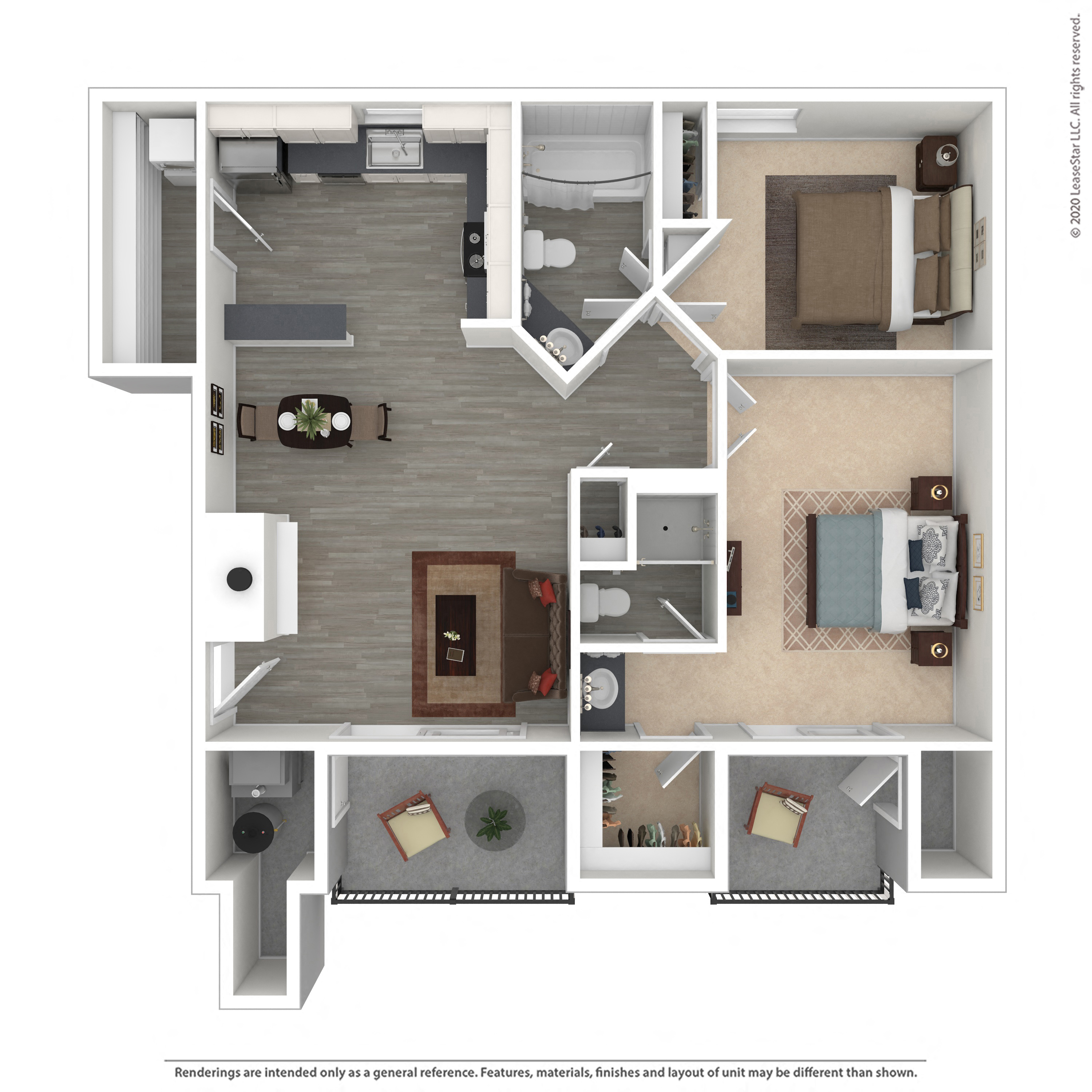 Floor plan for 2 beds, 2 baths, 972 sqft